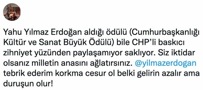 Cumhurbaşkanı'nın elinden ödül alan Yılmaz Erdoğan'a sosyal medya linci