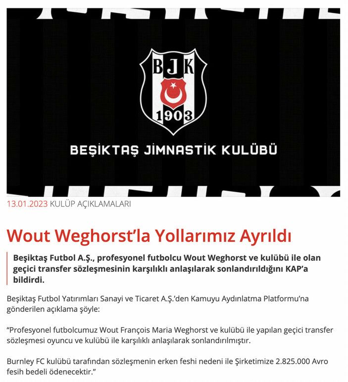 Beşiktaş, Weghorst'un sözleşmesini feshetti